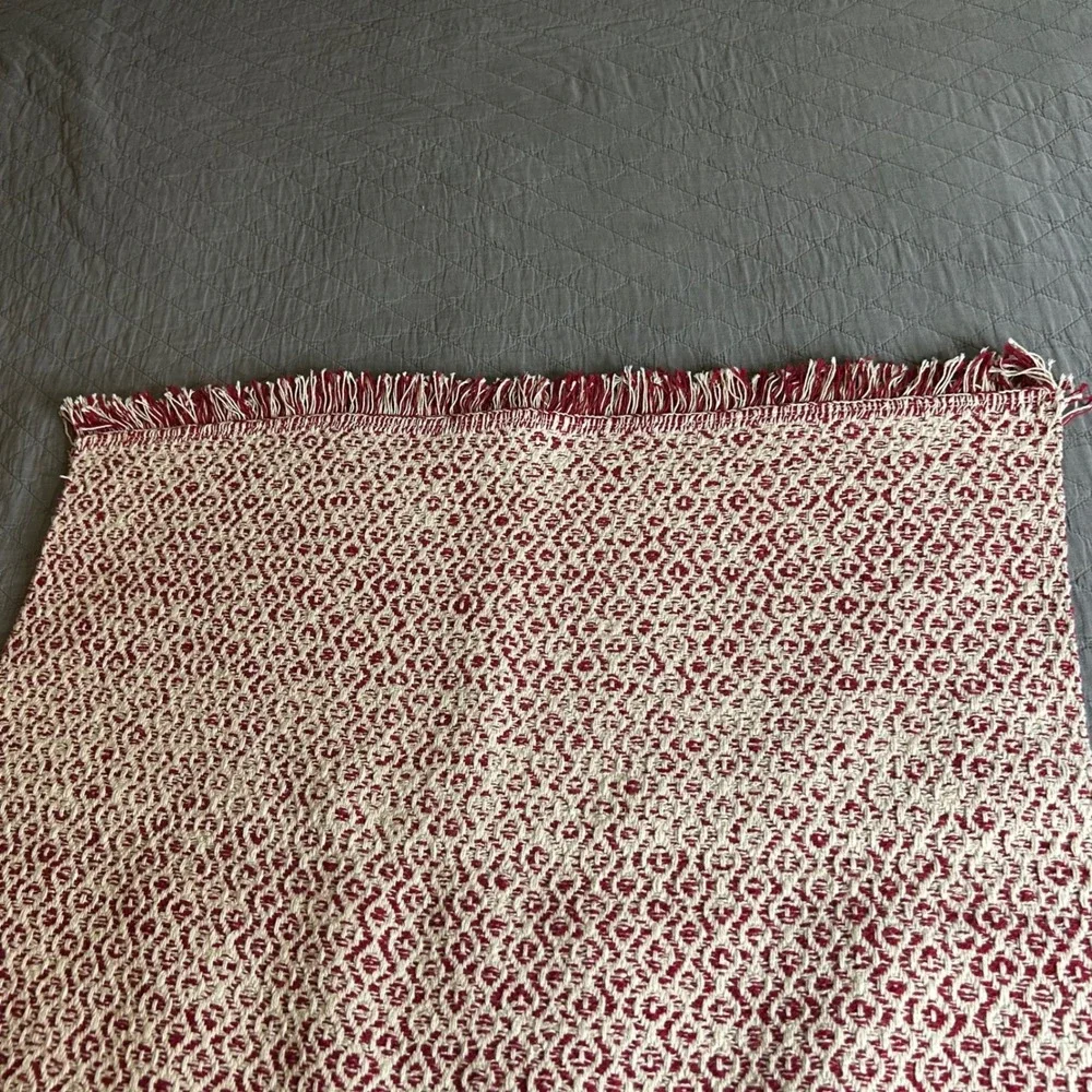 IKEA Rorkar Throw Blanket Rug 31x59 Cream Red Cotton‎ Diamond Pattern Fringe
